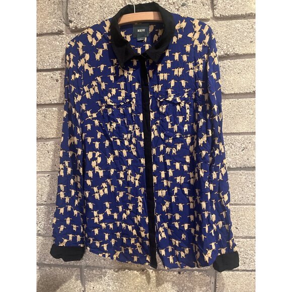 Maeve Penguin Print Button-Up Blouse Size 8 Blue & Beige With Black Accents - Picture 2 of 8